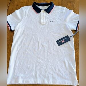 Vineyard Vines White Polo with Navy Collar & Pink Trim